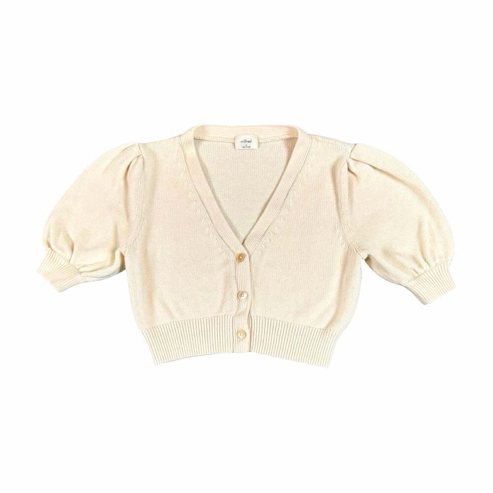 Women’s Wilfred Ivory Cotton Knit V-Neck Puff Short Sleeve Button Cardigan S